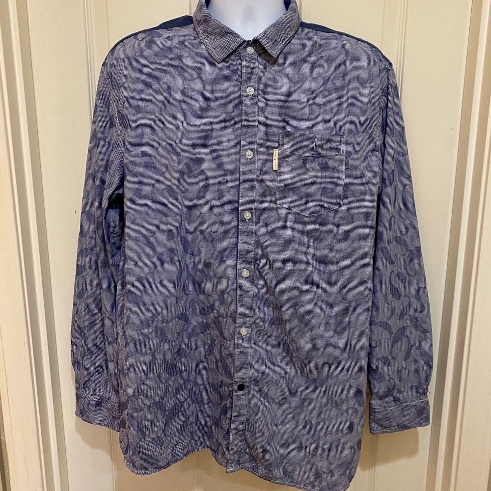Marc Ecko Cut & Sew Long Sleeve Button Down Blue Gingham Paisley Size XL‎